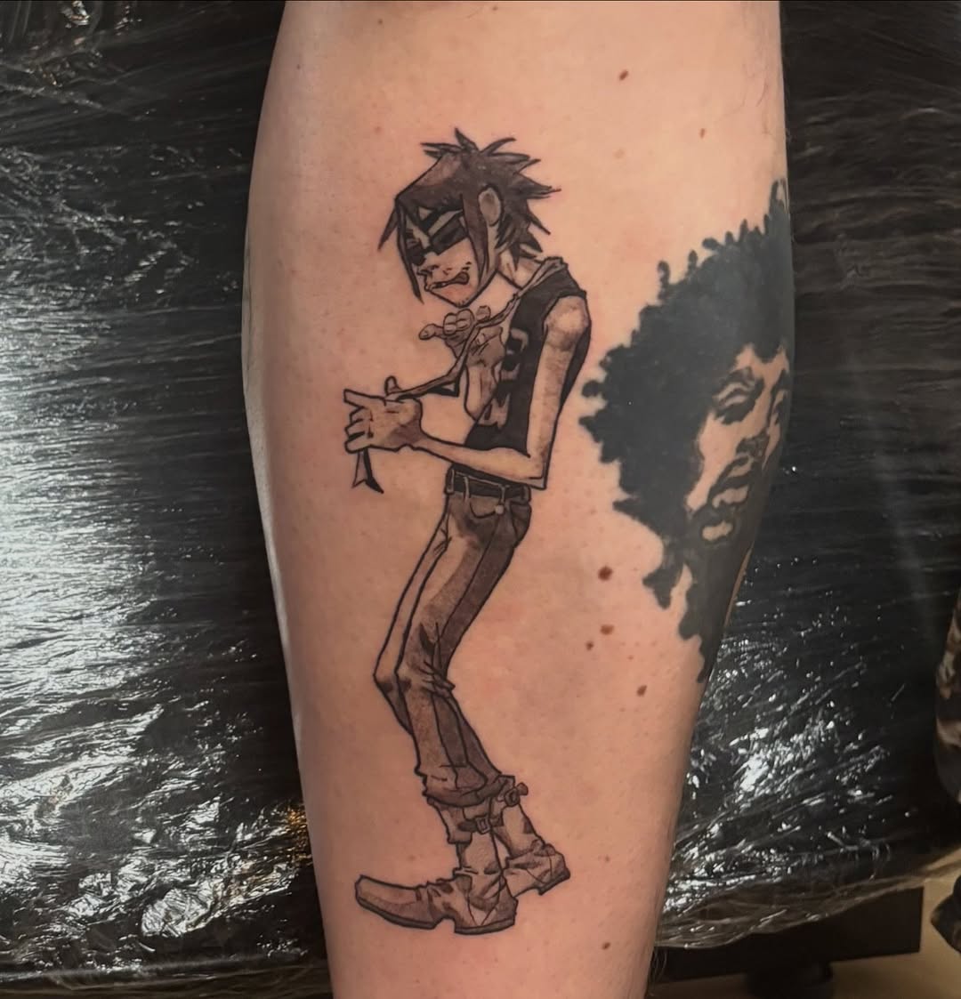Full-body character portrait of Murdoc Niccals from Gorillaz on the calf, executed with clean precise linework.